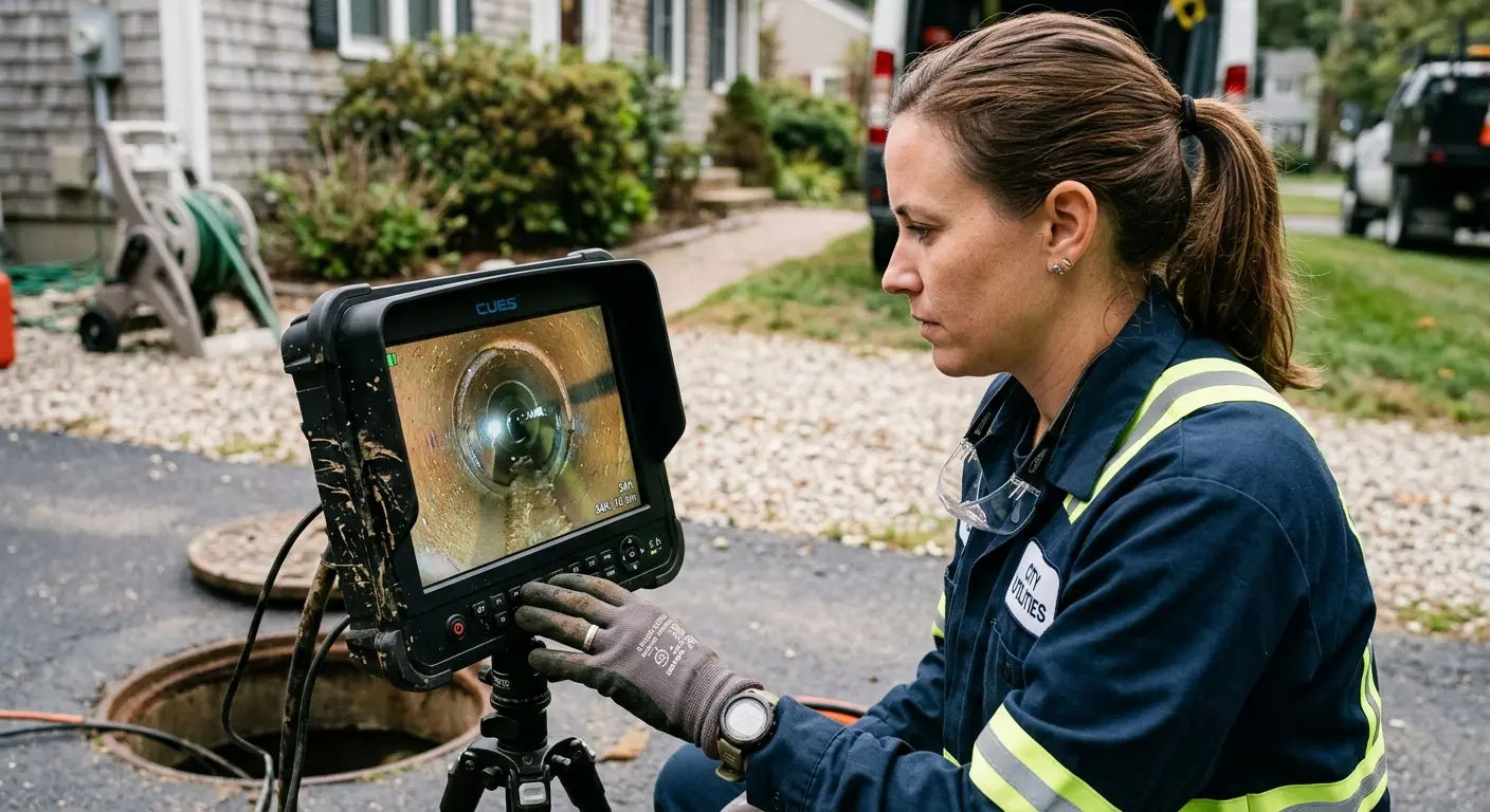 Technician reviewing sewer camera inspection footage in South Fayette