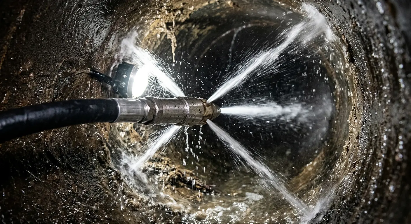 High-pressure hydro jetting nozzle cleaning sewer pipe for Trenchless Sewer Repair in South Fayette
