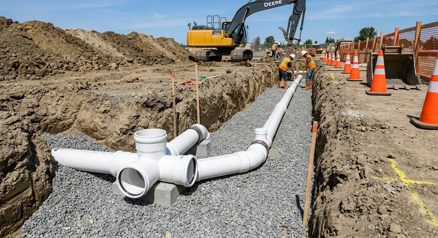 New PVC sewer pipe installation in open trench for Commercial Drain Cleaning in South Fayette