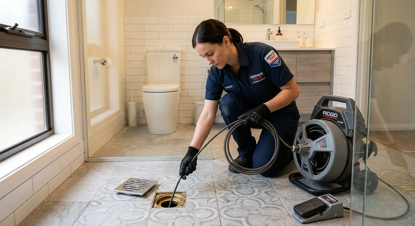 Technician clearing a bathroom floor drain for Clogged Drain Repair in South Fayette